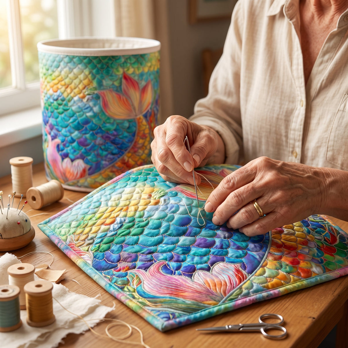 Quilted Laundry Basket - Marine Sparkle — hand-quilting close-up