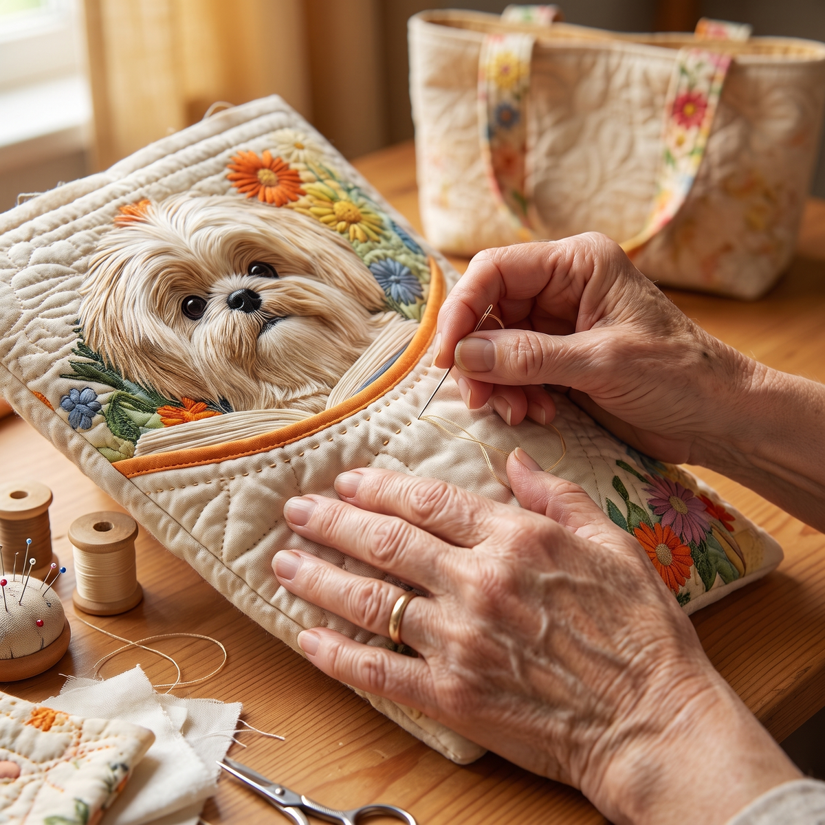 Artisanal Bag - Shih Tzu with Books and Flowers — quilting close-up