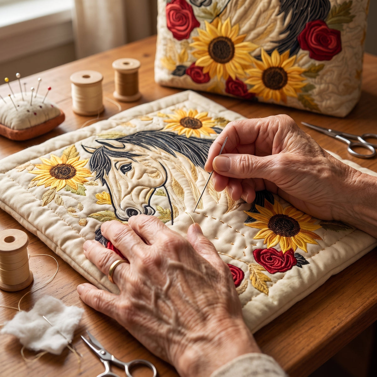 Wild Horse Quilted Tote Bag — hand-quilting close-up