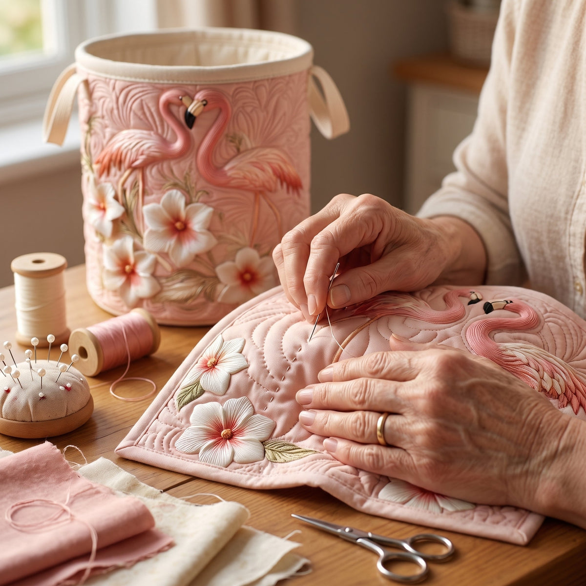 Quilted Laundry Basket - Floral Flamingo — hand-quilting close-up