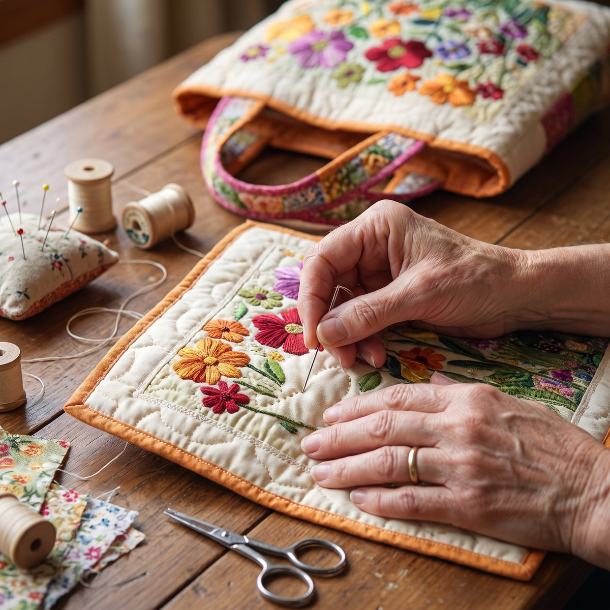 Blooming Garden Quilted Tote Bag — hand-quilting close-up