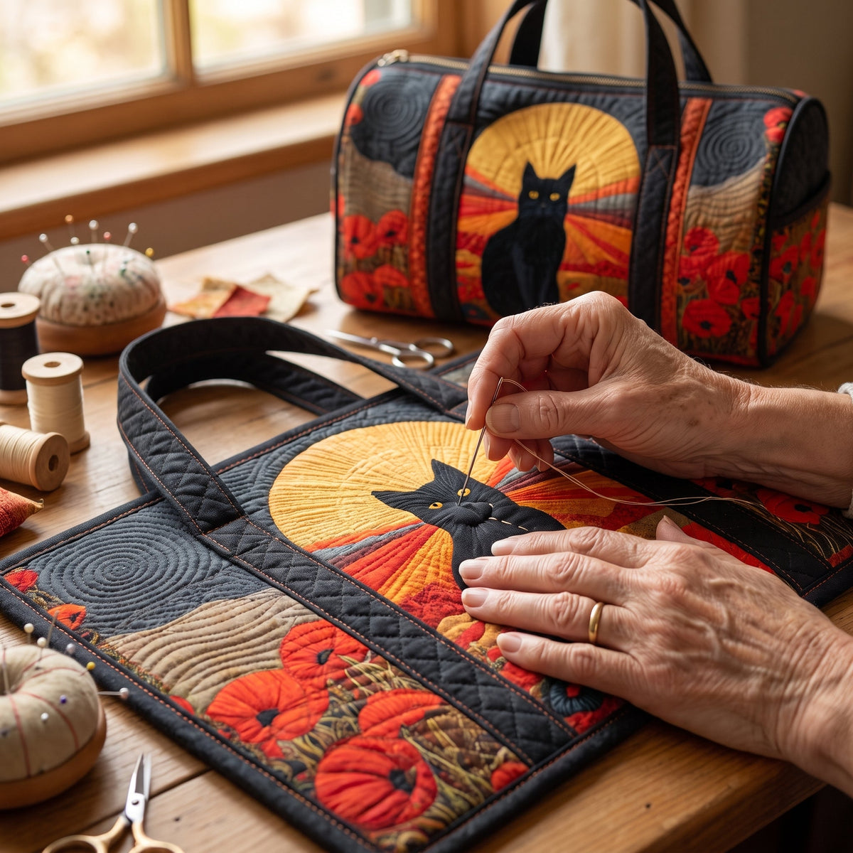 Sunset Cat Quilted Duffle Bag — hand-quilting close-up