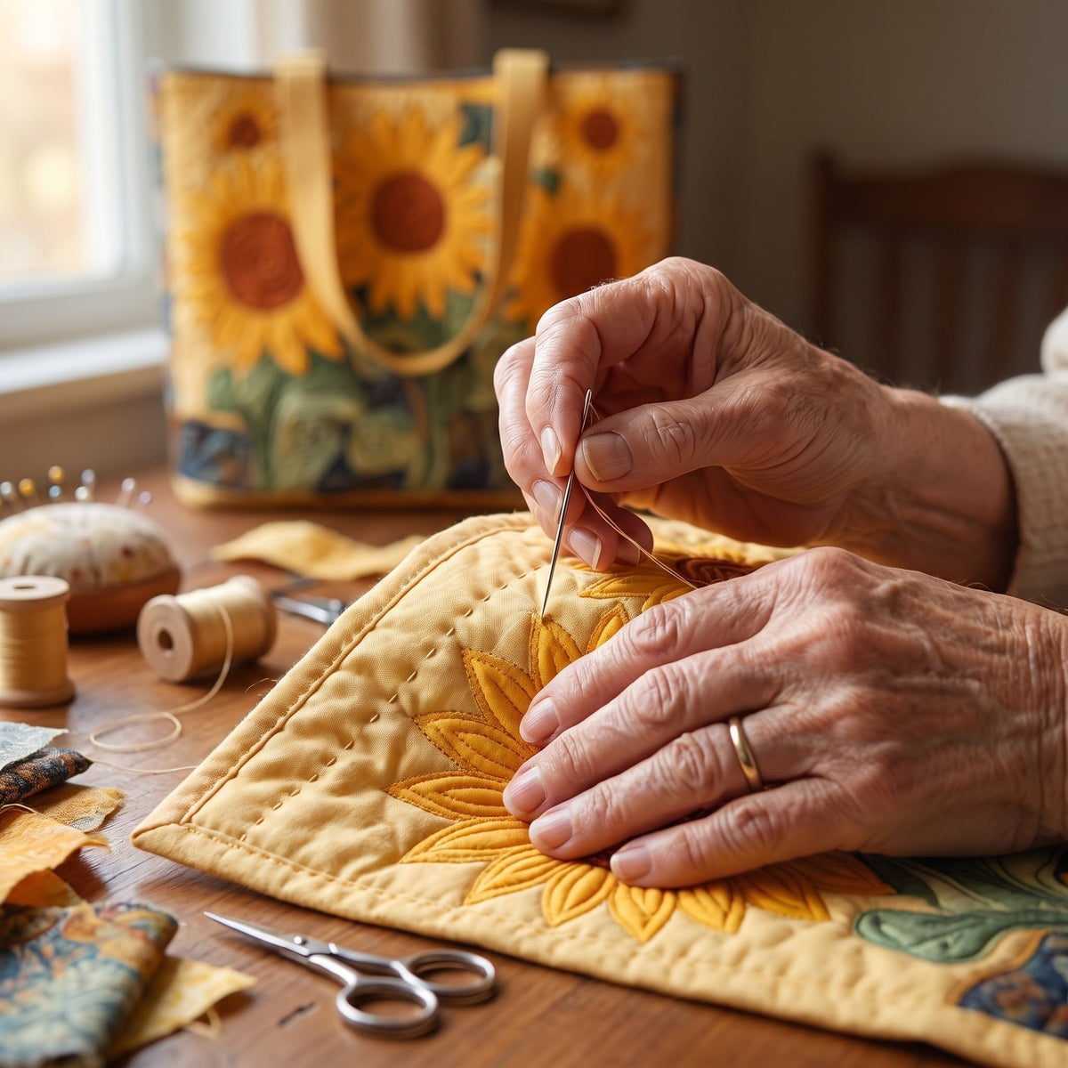 Sunny Field Quilted Tote Bag — hand-quilting close-up