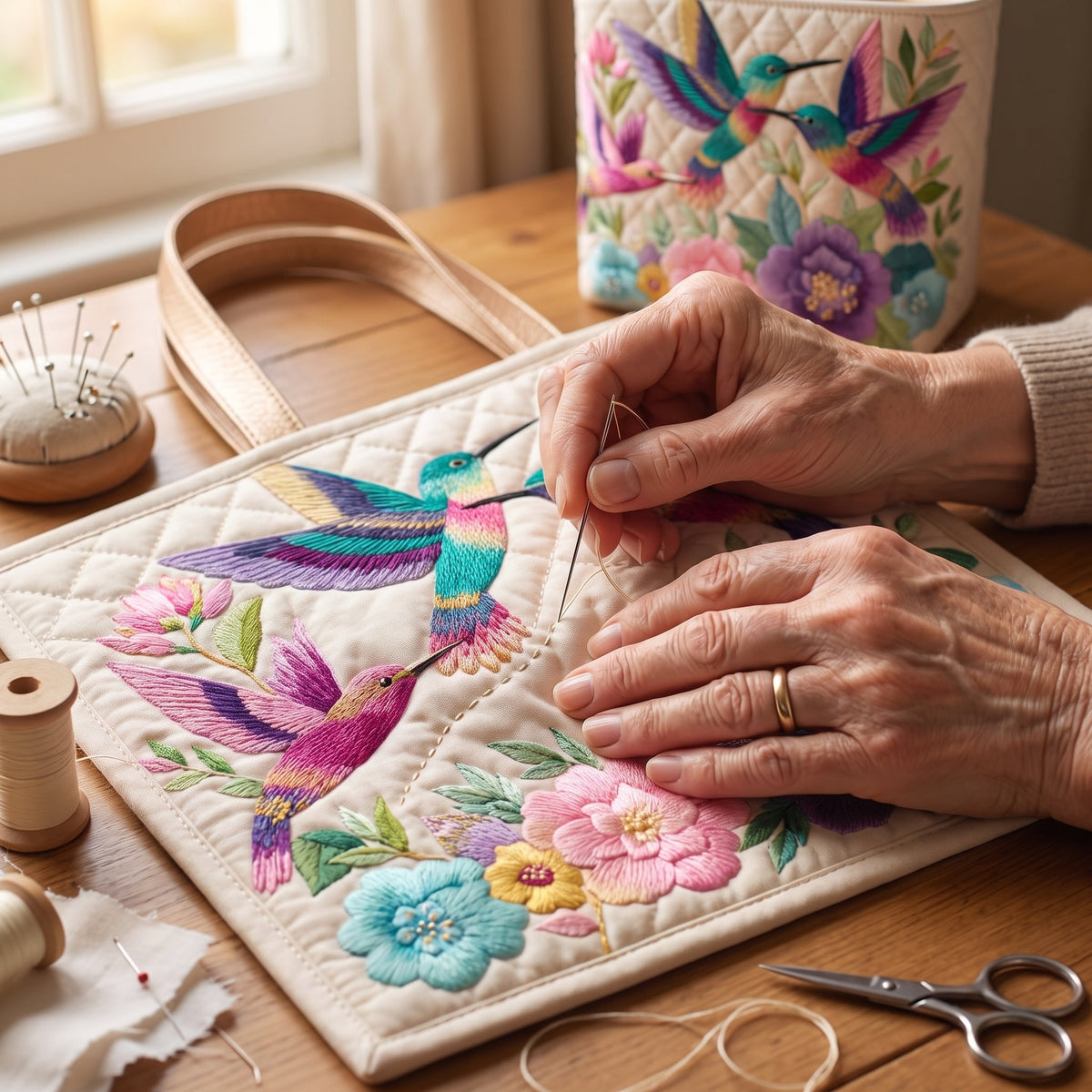 Hummingbird Flower Garden Quilted Tote Bag — hand-quilting close-up