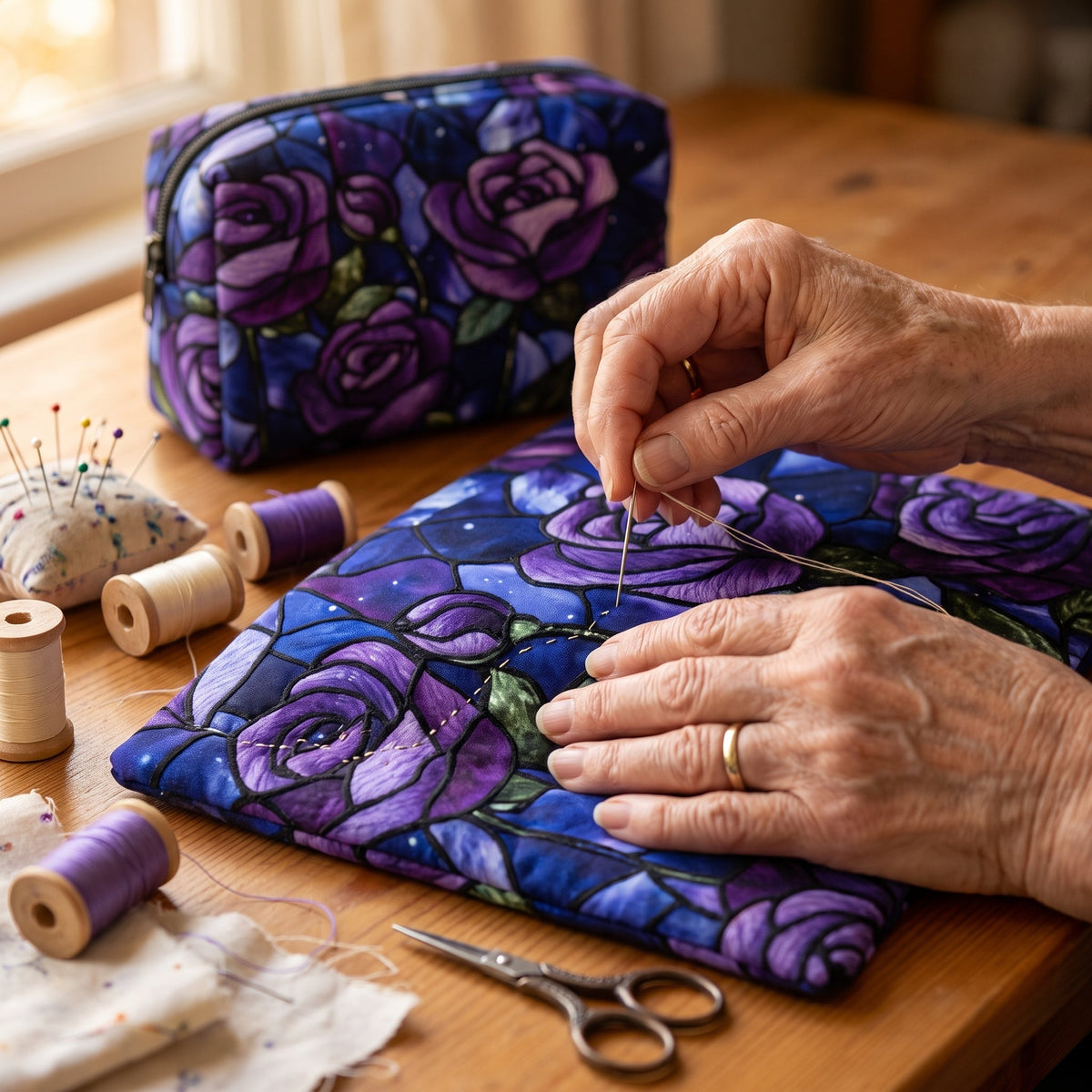 Midnight Rose Quilted Makeup Bag — quilting close-up