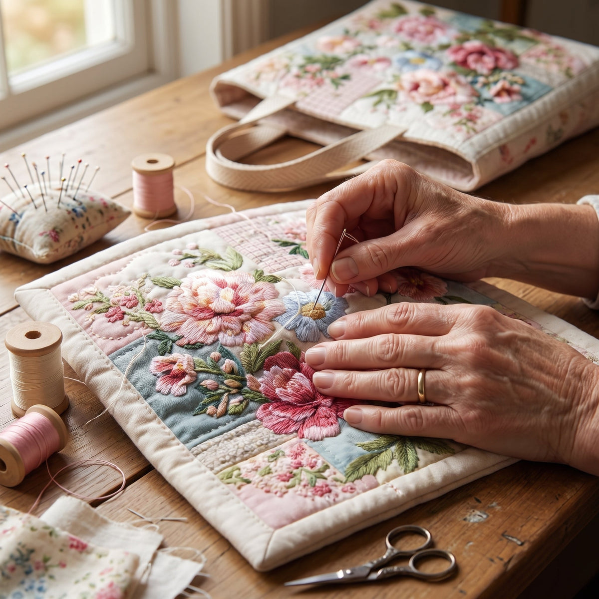 Blooming Flower Quilted Tote Bag — hand-quilting close-up