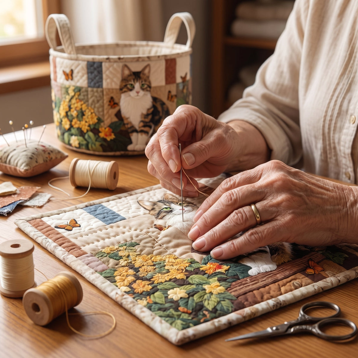 Quilted Laundry Basket - Cat Among the Petals — hand-quilting close-up