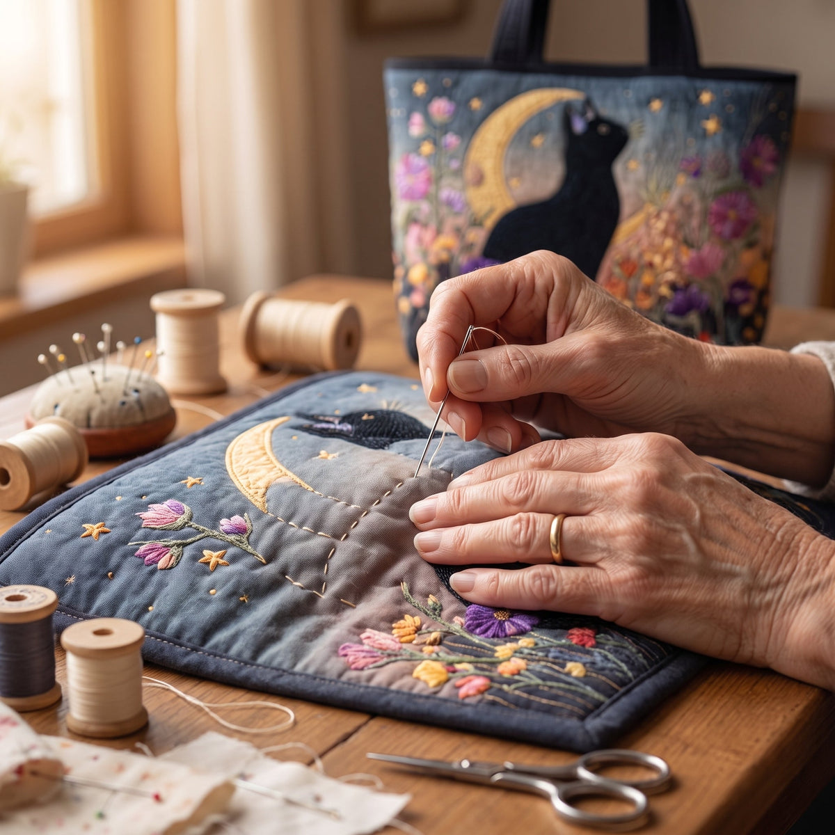 Blossom Night Cat Quilted Tote Bag — hand-quilting close-up