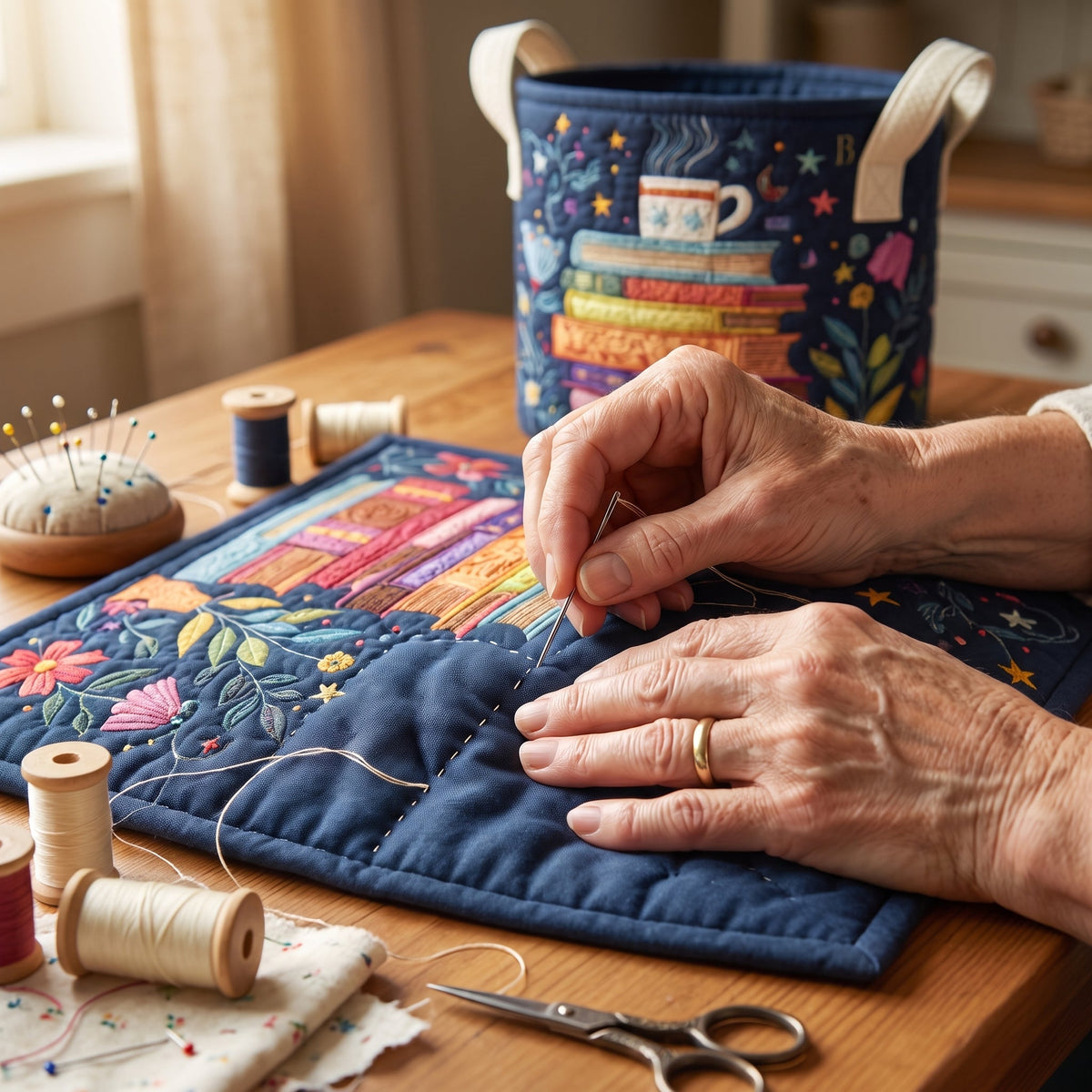 Quilted Laundry Basket - Dreamy Pages — hand-quilting close-up