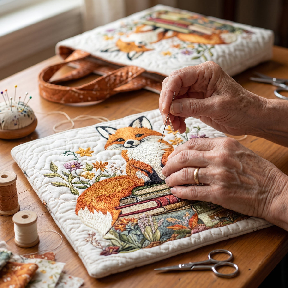 Bookish Fox Quilted Tote Bag — hand-quilting close-up