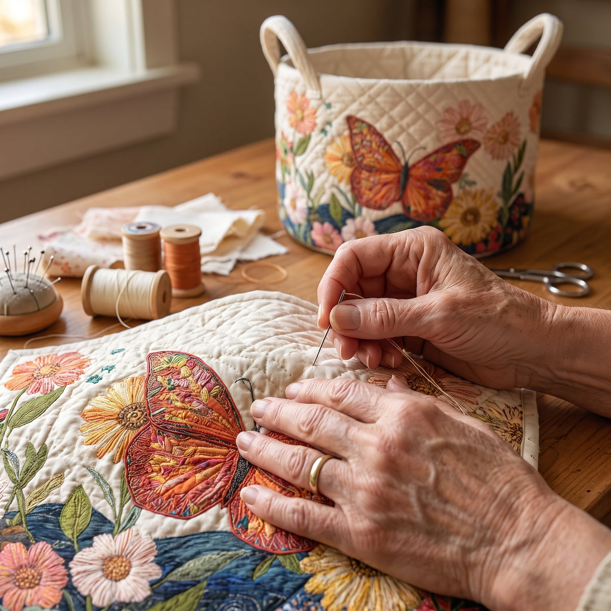 Quilted Laundry Basket - Colorful Beauty — hand-quilting close-up