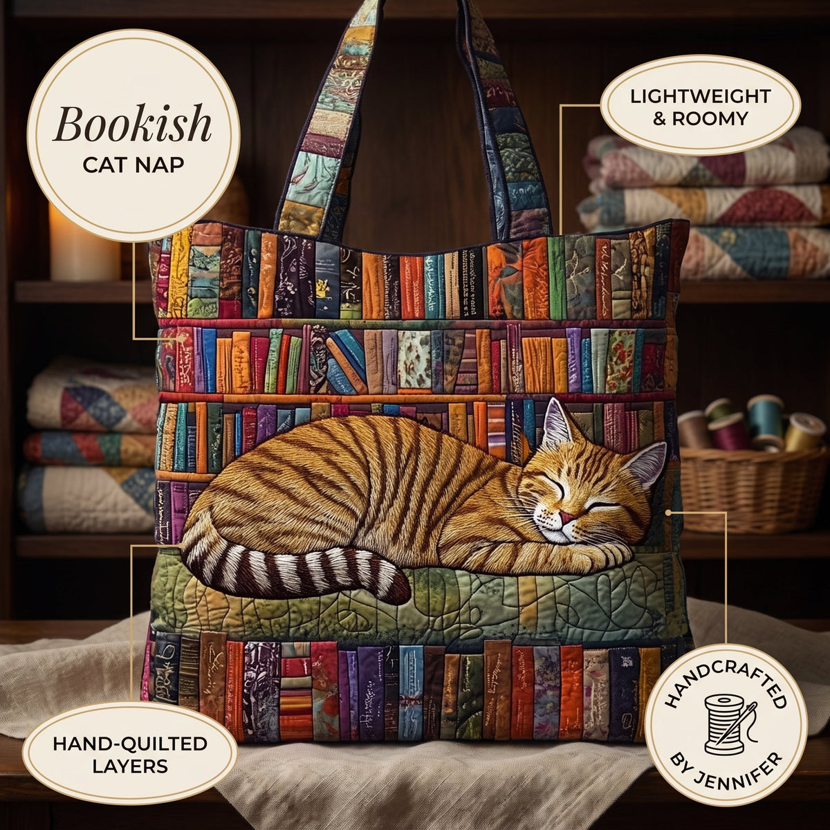 Bookish Cat Nap Quilted Tote Bag — details