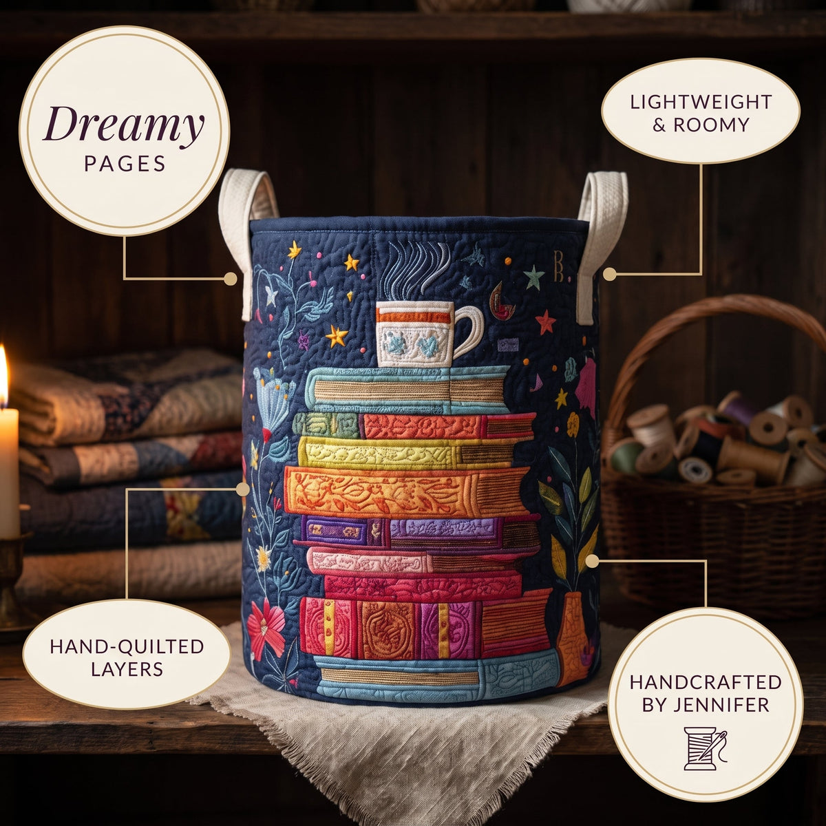 Quilted Laundry Basket - Dreamy Pages — details