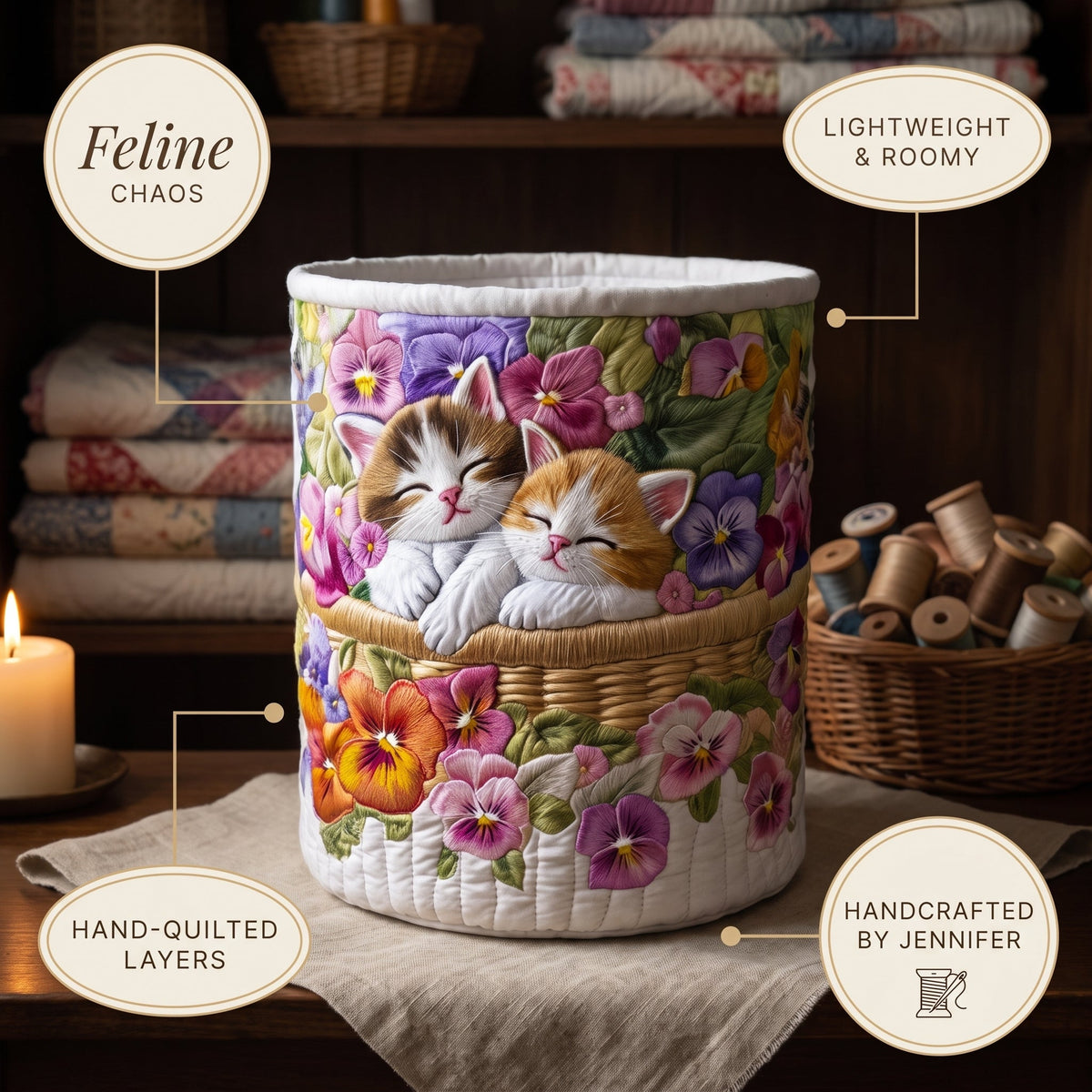 Quilted Laundry Basket - Feline Chaos — details
