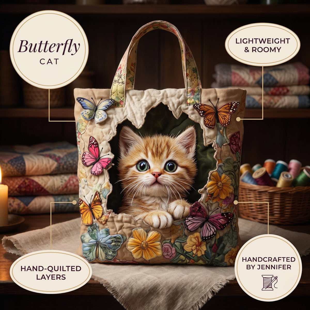 Butterfly Cat Quilted Tote Bag — details