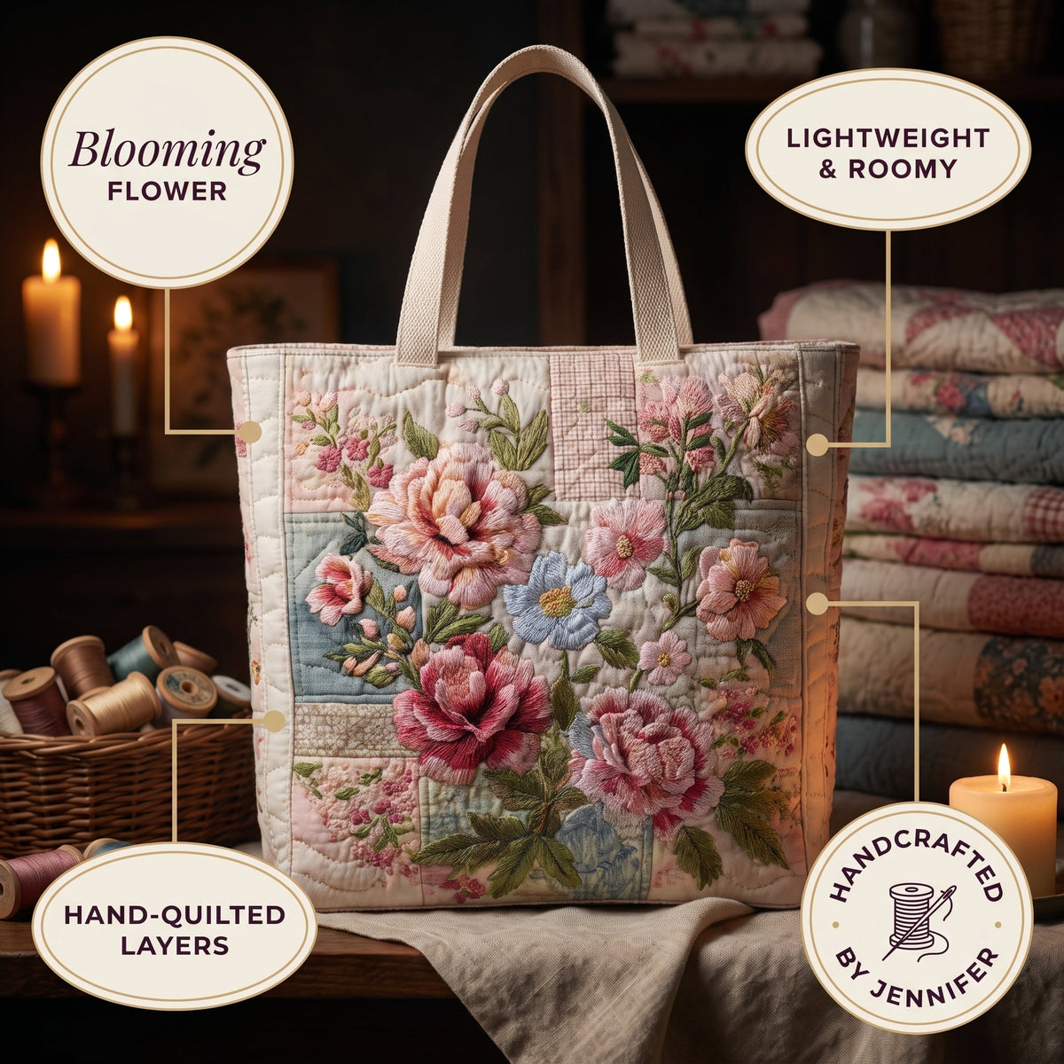 Blooming Flower Quilted Tote Bag — details