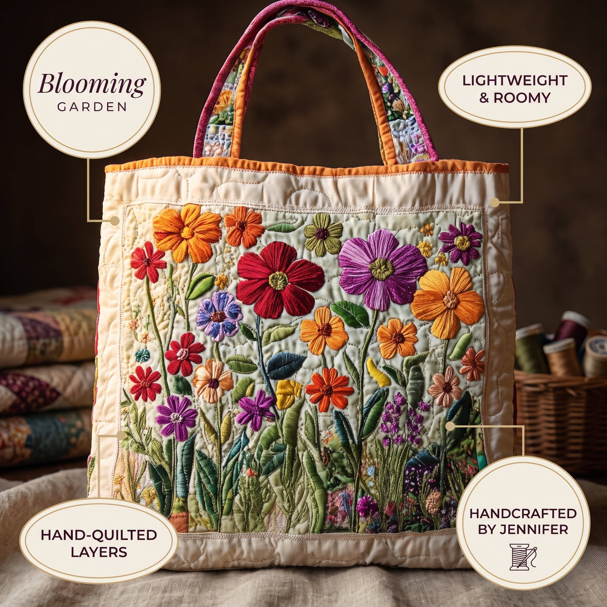 Blooming Garden Quilted Tote Bag — details