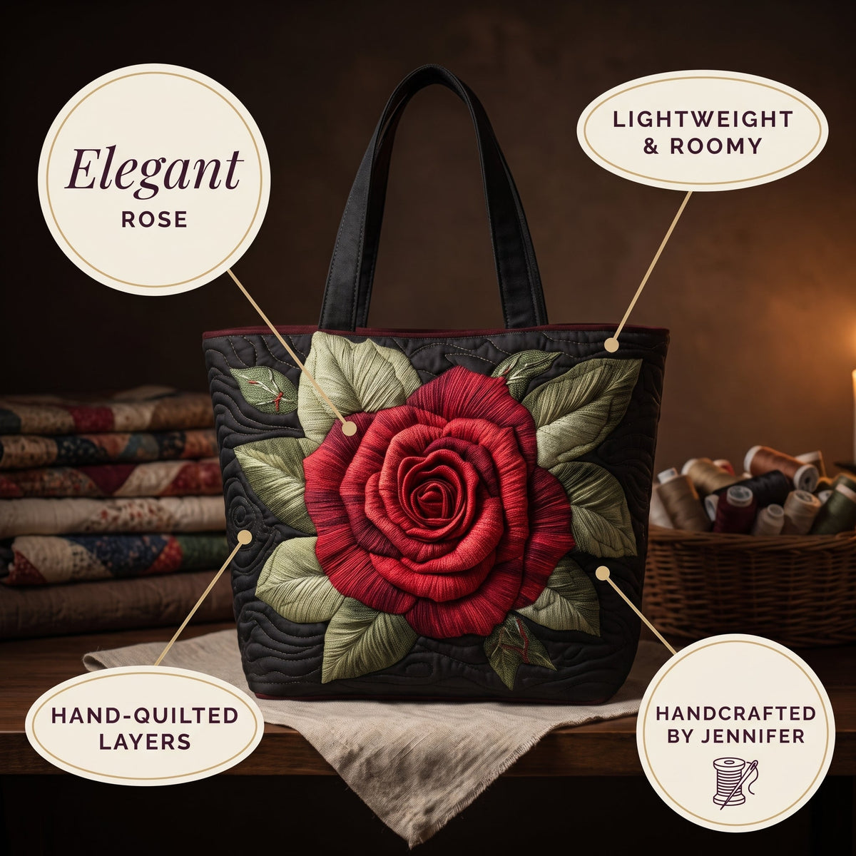 Elegant Rose Quilted Tote Bag — details