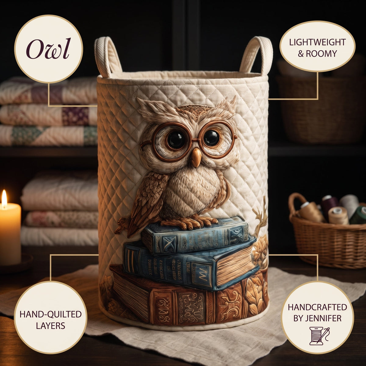 Quilted Laundry Basket - Owl — details