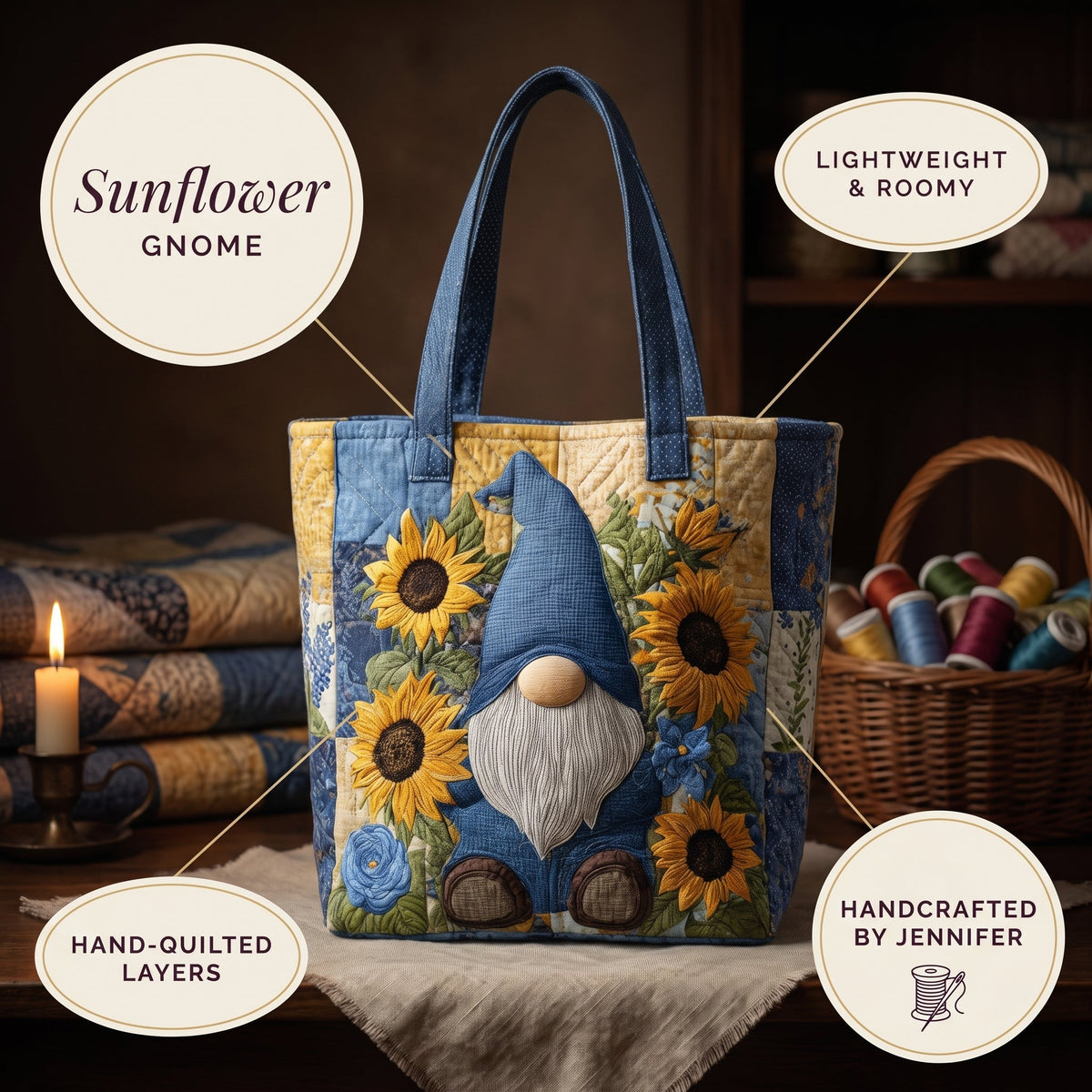 Sunflower Gnome Quilted Tote Bag — details