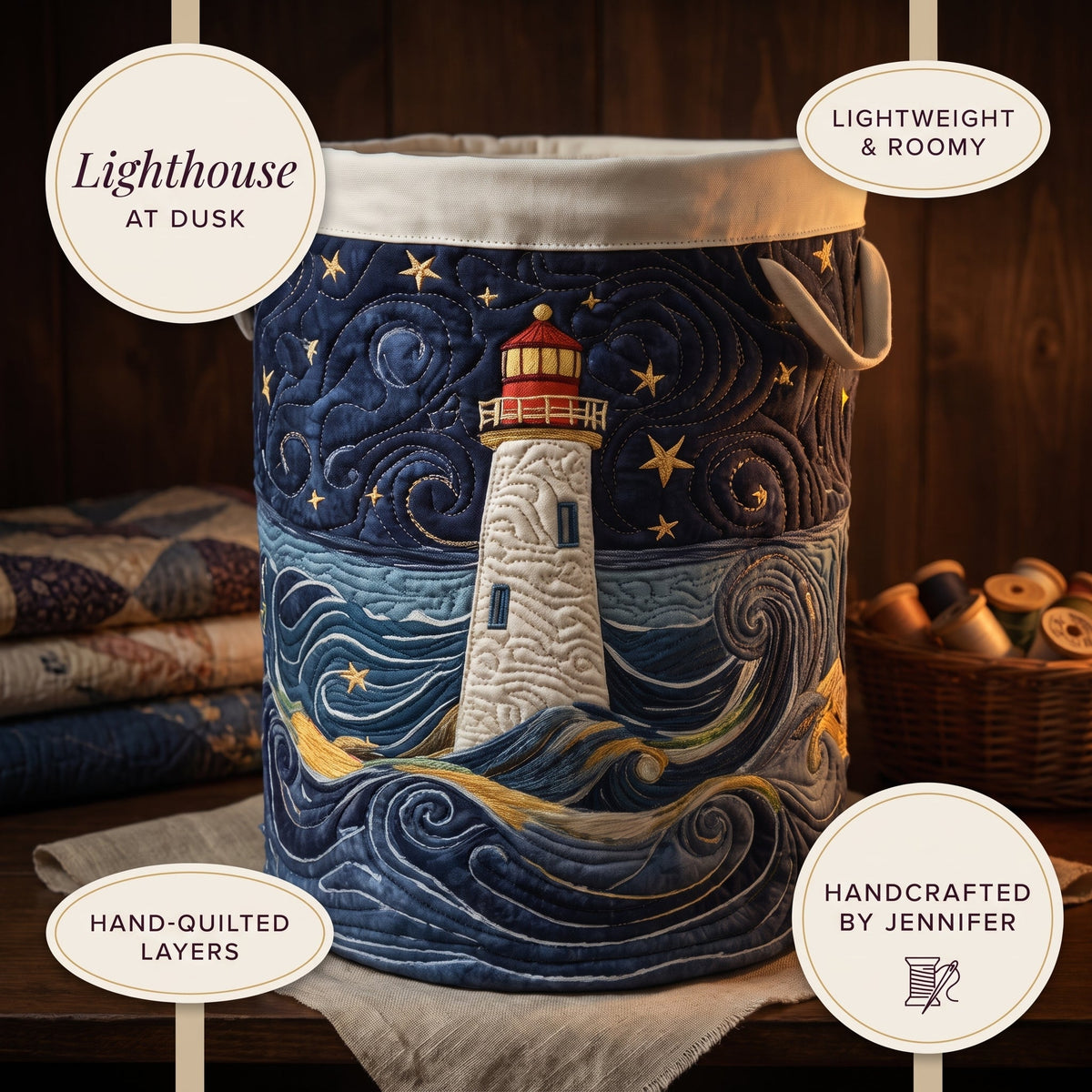 Quilted Laundry Basket - Lighthouse at Dusk — details