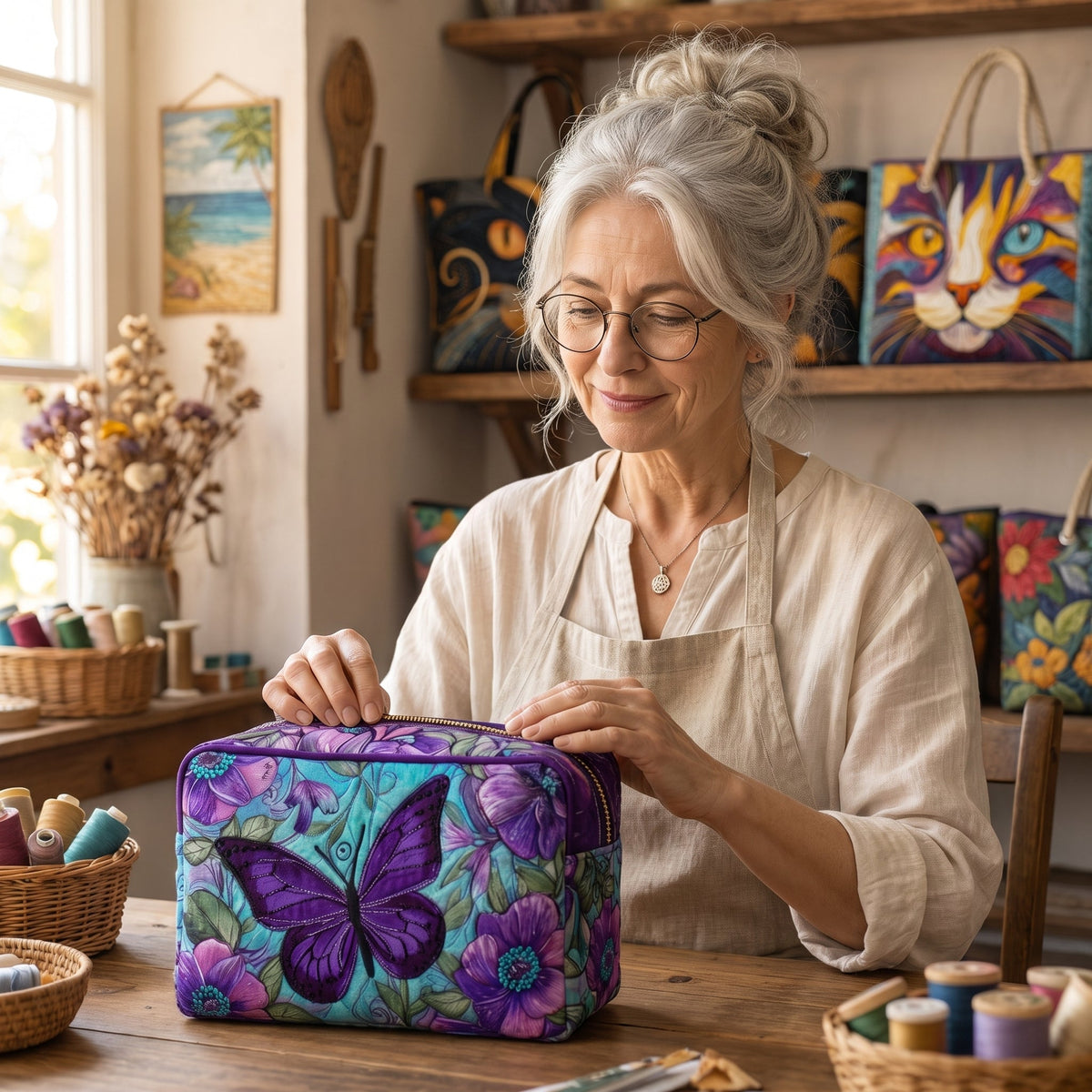 Butterfly Bloom Quilted Makeup Bag — handcrafted