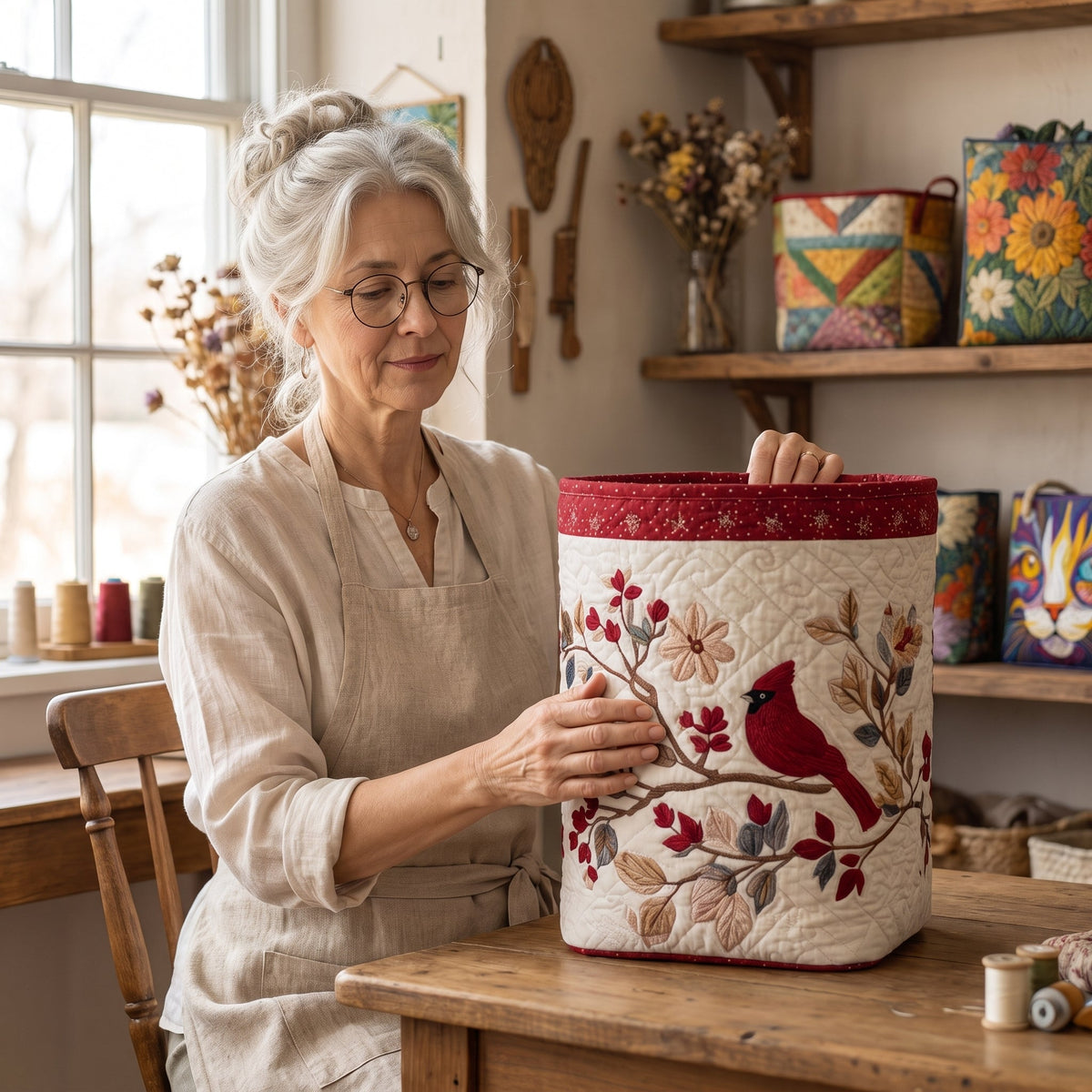 Quilted Laundry Basket - Carmine Leaves — handcrafted