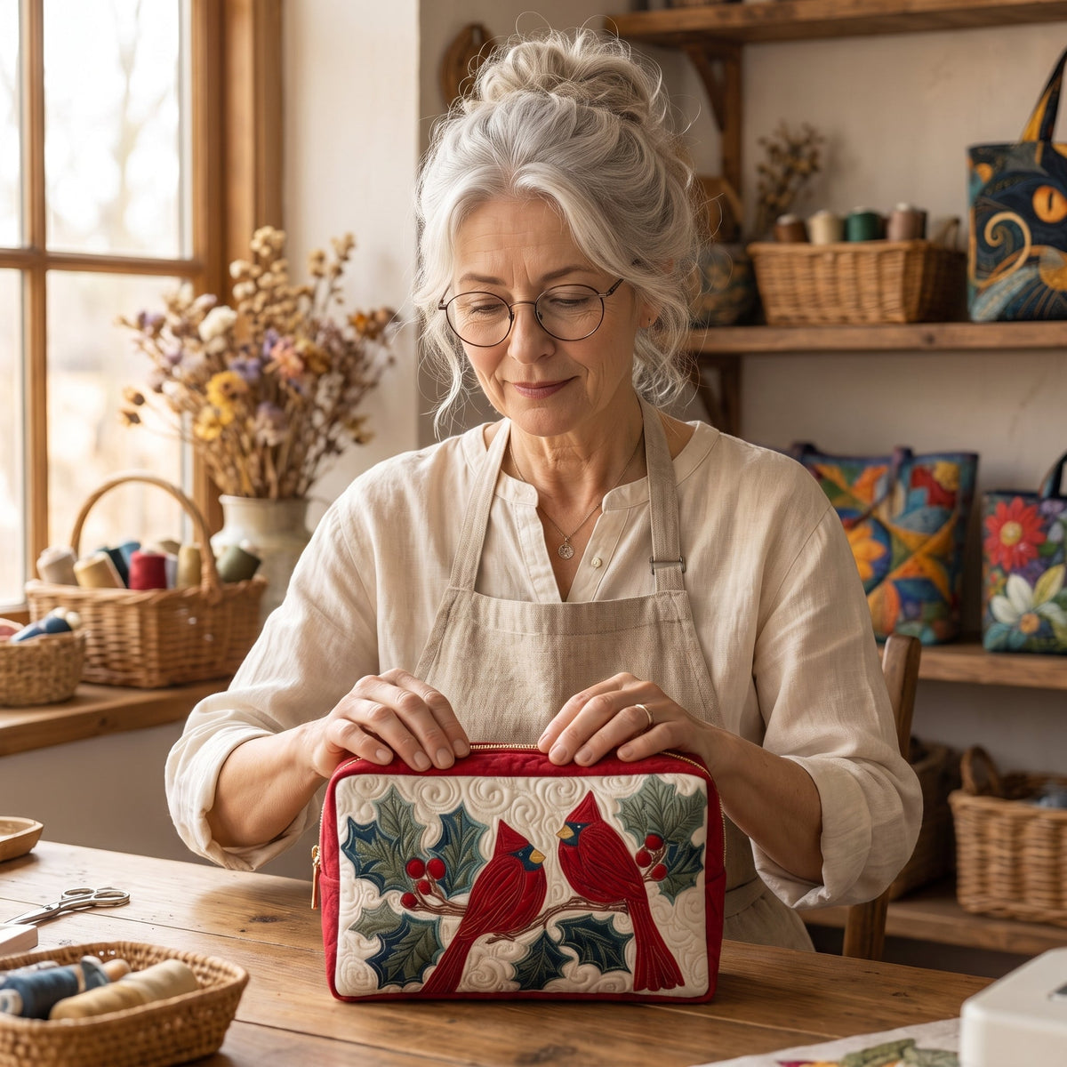 Red Feather Quilted Makeup Bag — handcrafted