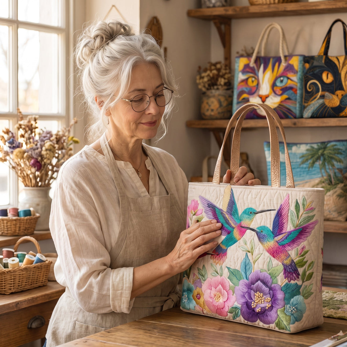 Hummingbird Flower Garden Quilted Tote Bag — handcrafted