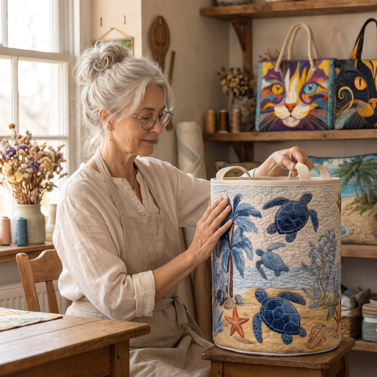 Quilted Laundry Basket - Sea Turtle