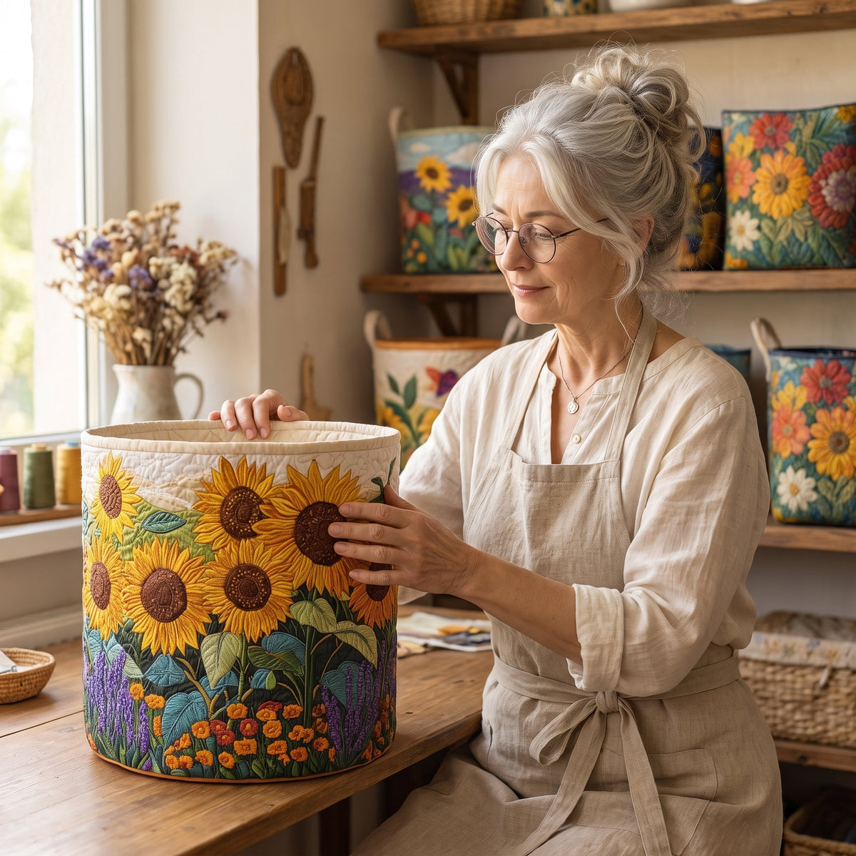 Quilted Laundry Basket - Sunflowers