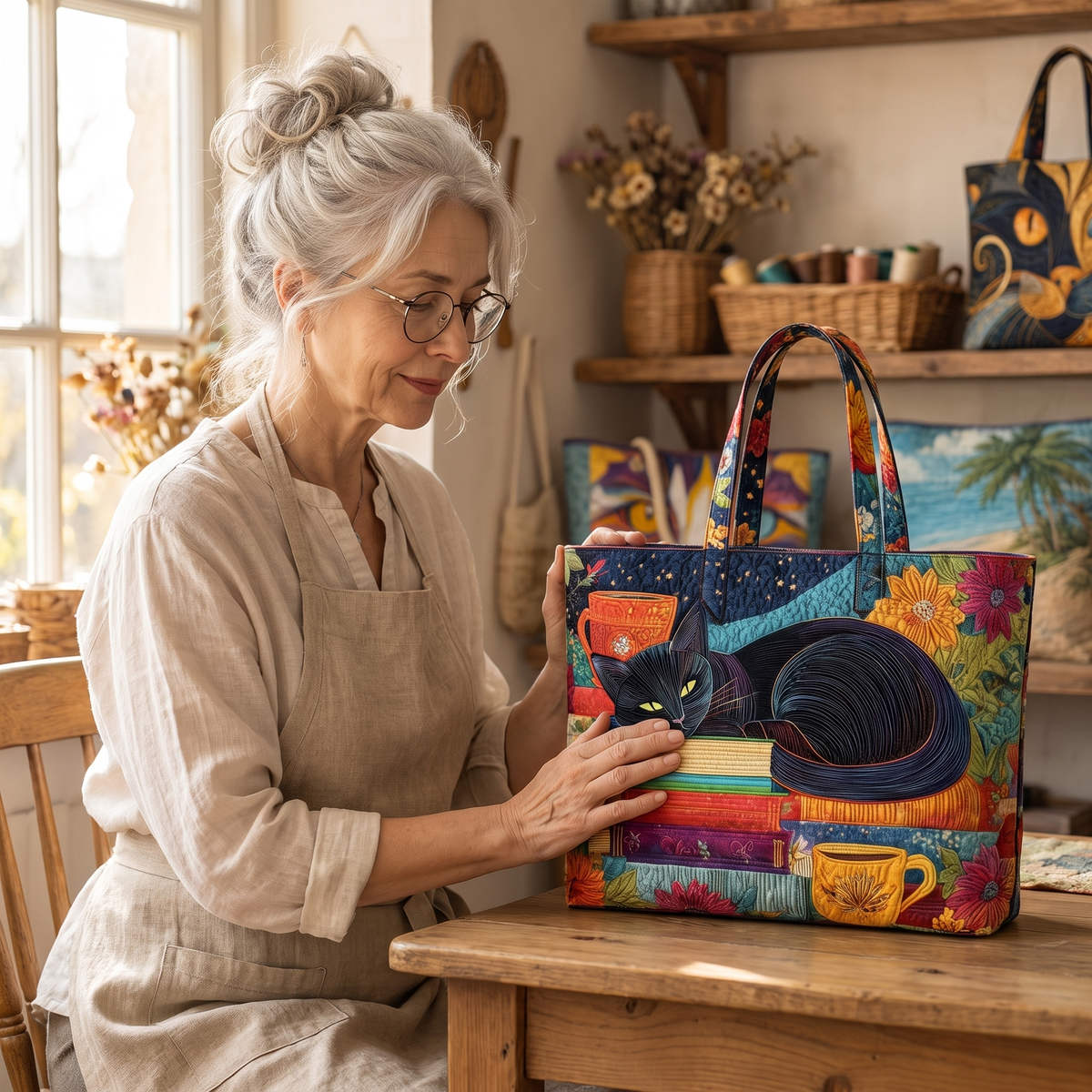 Artisan Bag - Black Cat with Books and Mugs — handcrafted