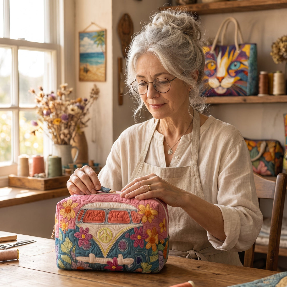 Retro Bloom Journey Quilted Makeup Bag — handcrafted