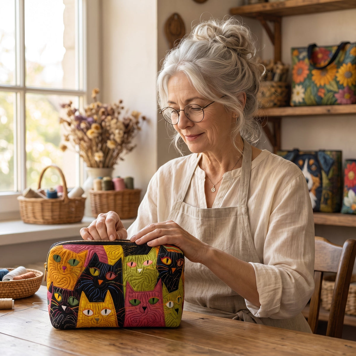 Cat Garden Quilted Makeup Bag — handcrafted
