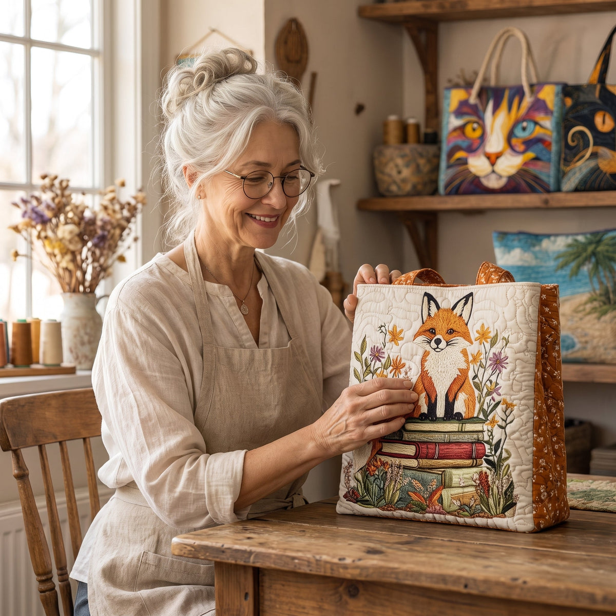 Bookish Fox Quilted Tote Bag — handcrafted