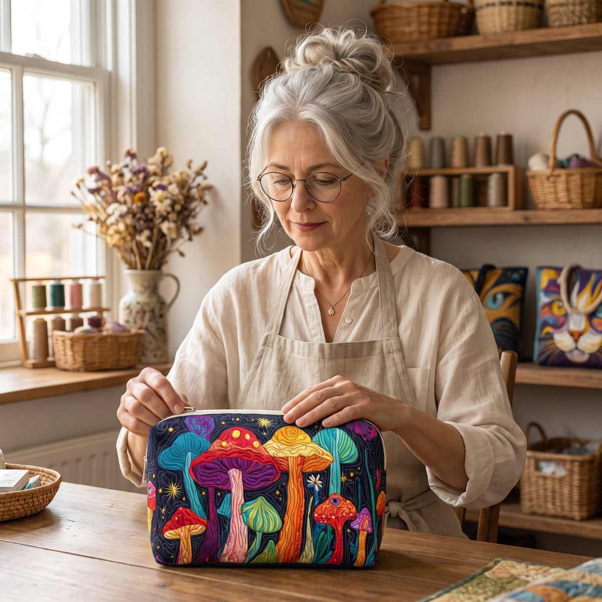 Groovy Shroom Quilted Makeup Bag — handcrafted
