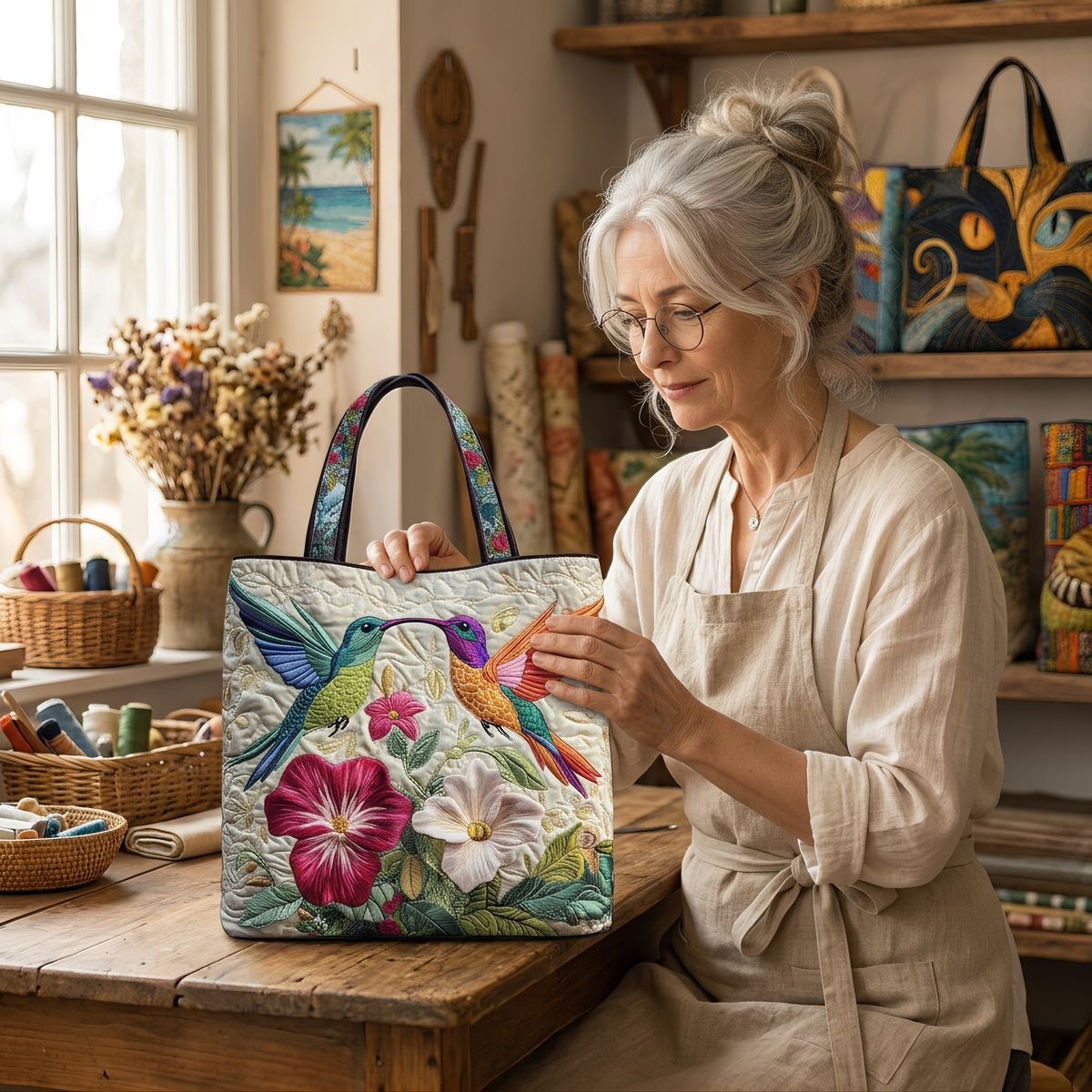 Quilted Bag - Hummingbird and White Flowers — handcrafted