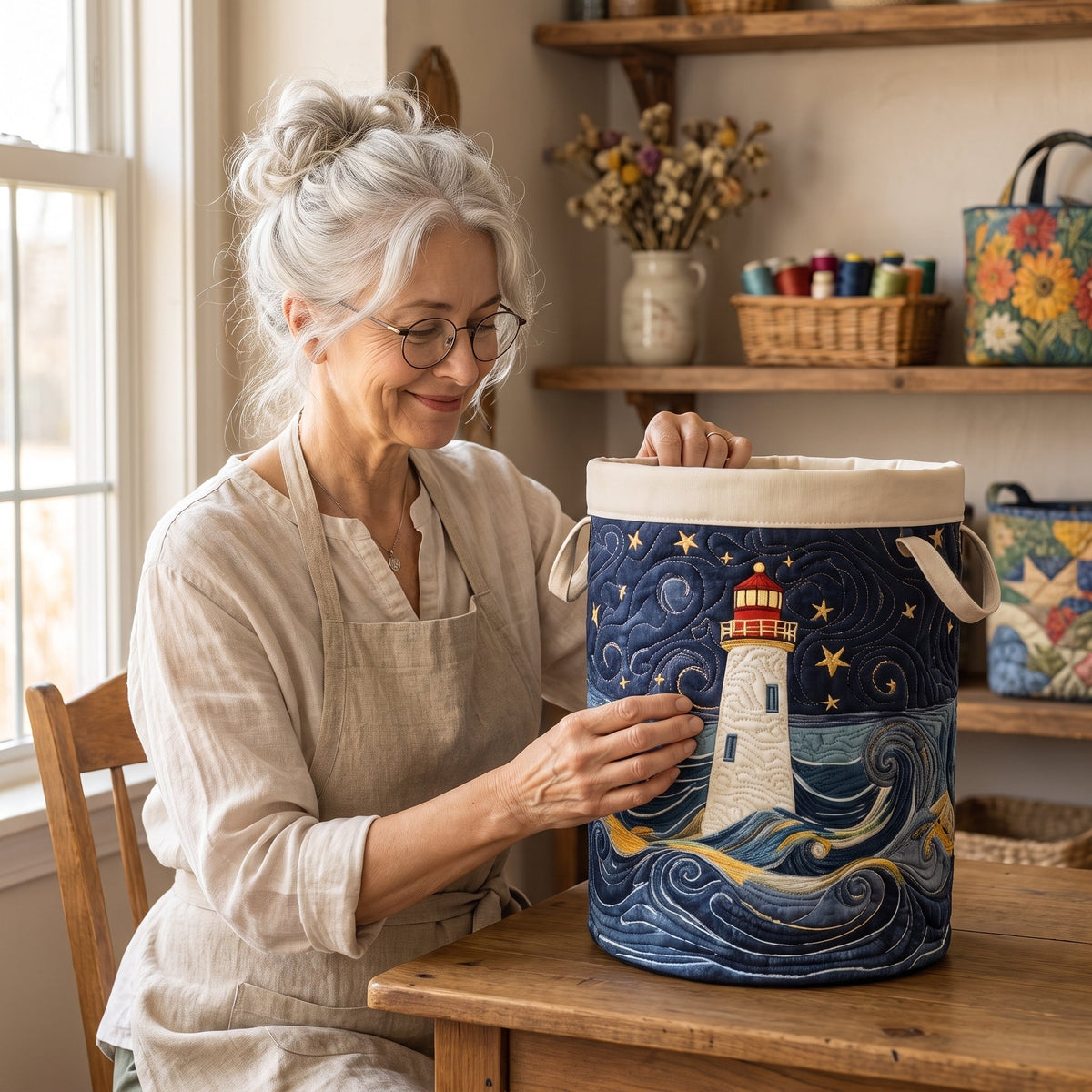 Quilted Laundry Basket - Lighthouse at Dusk — handcrafted