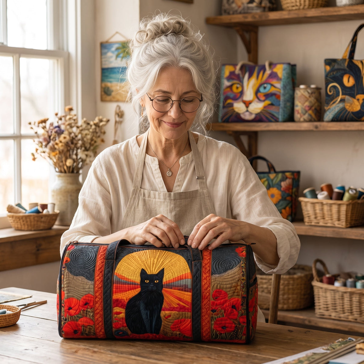 Sunset Cat Quilted Duffle Bag — handcrafted