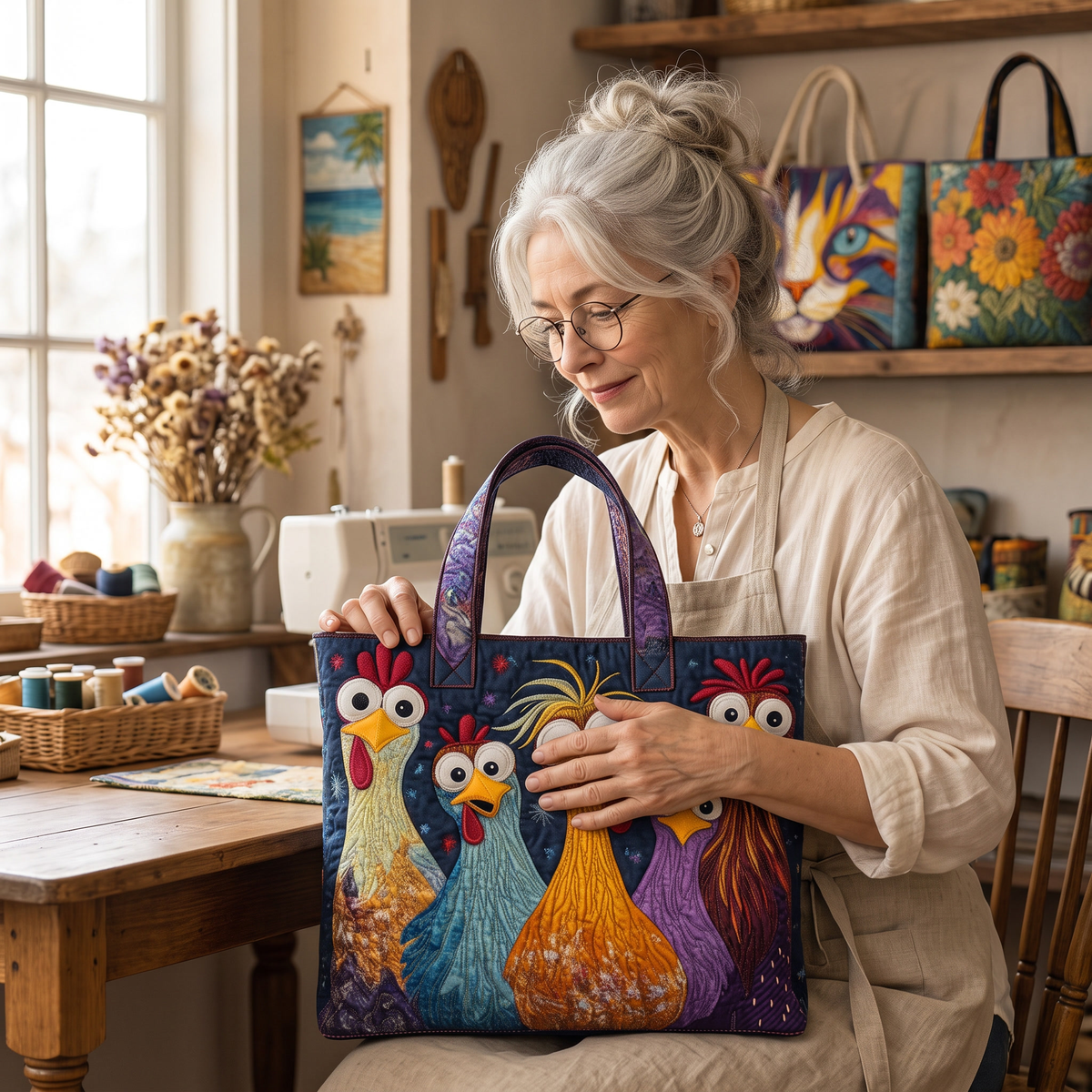 Artisan Bag - Five Colorful Chickens — handcrafted