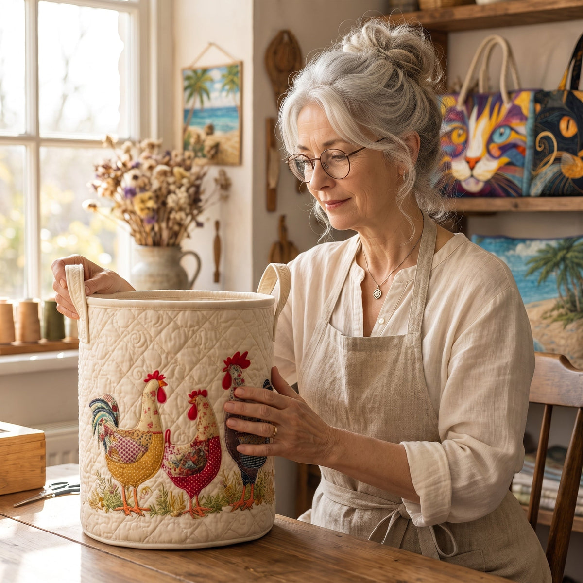 Quilted Laundry Basket - Cheerful Chicken Coop — handcrafted