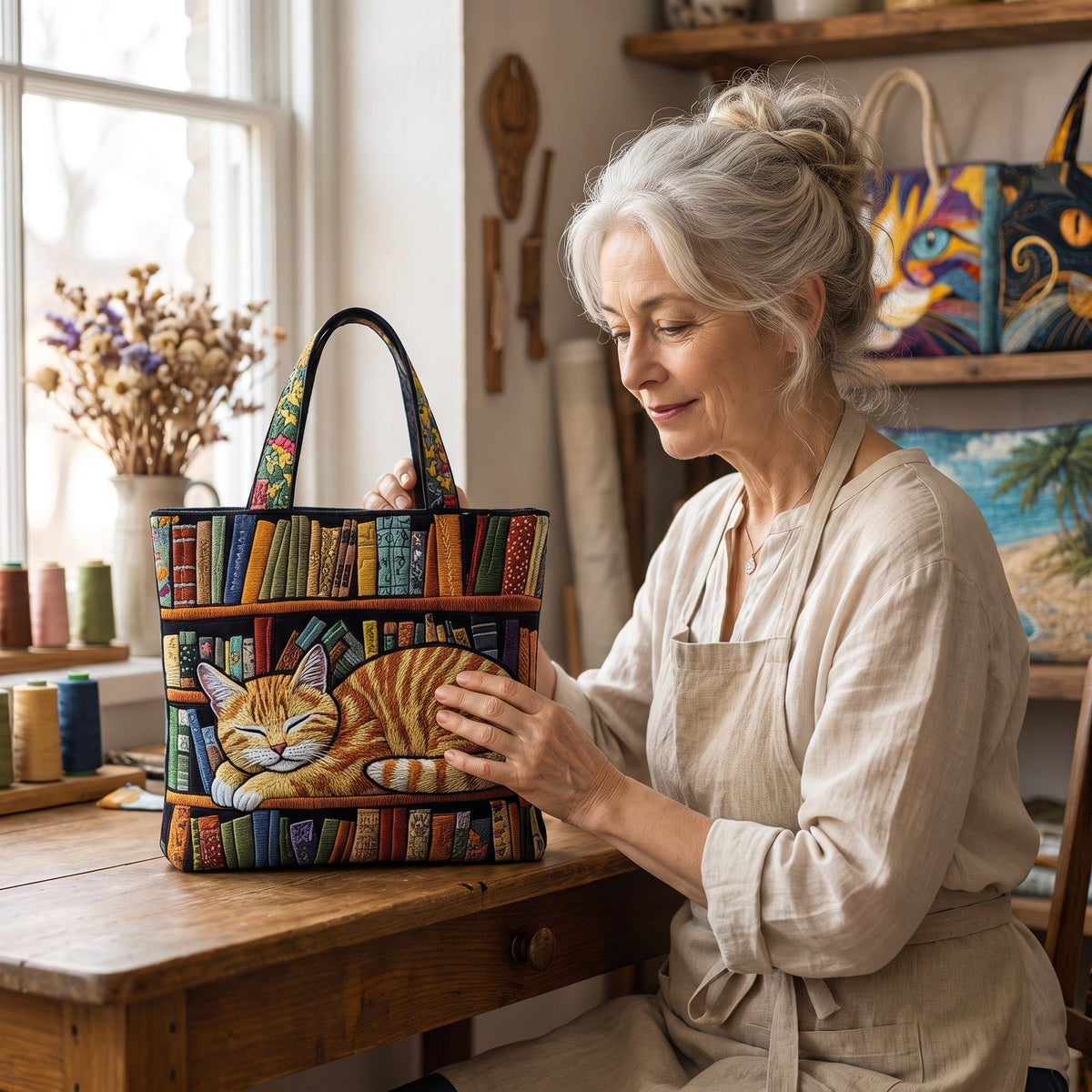 Cat Loves Books Quilted Tote Bag — handcrafted