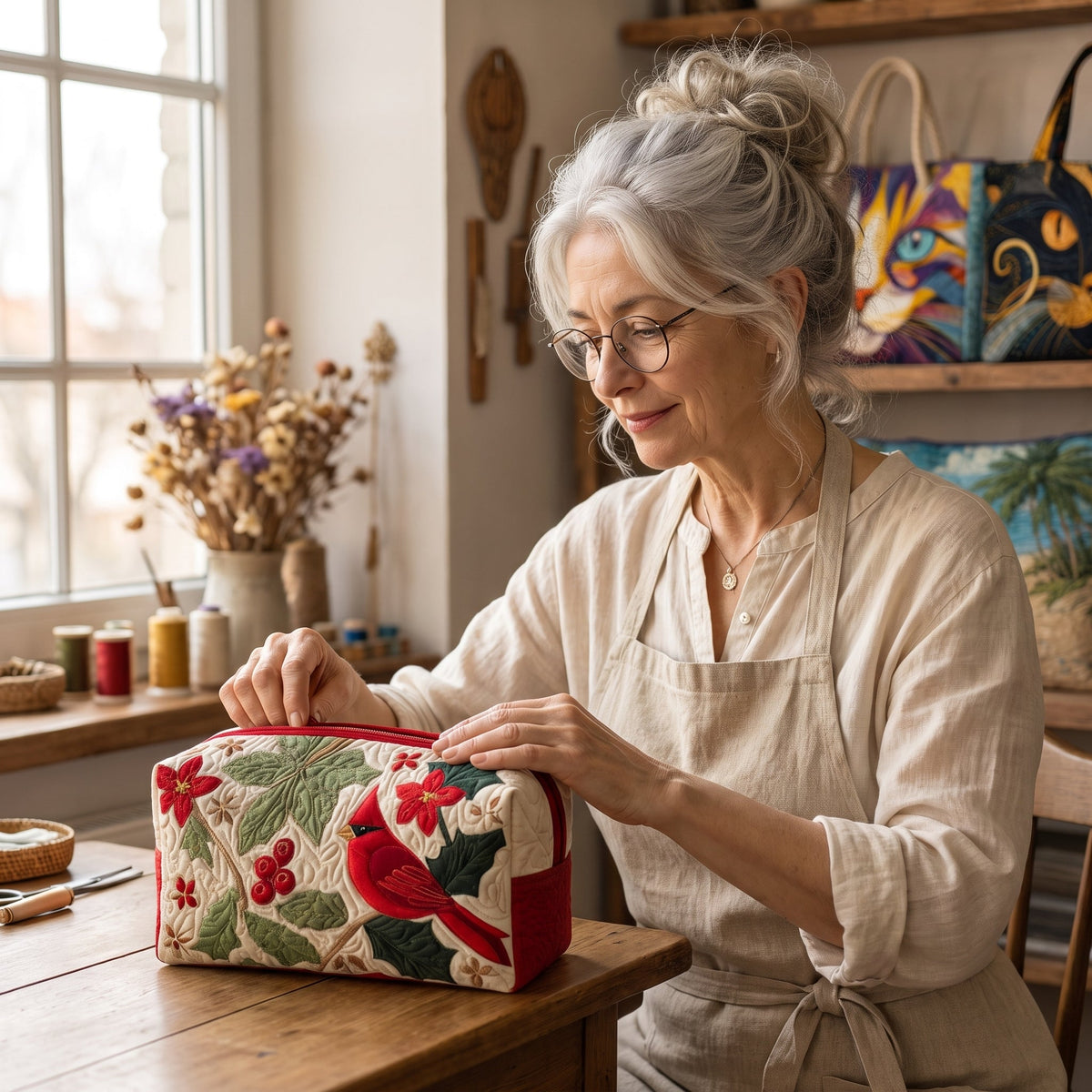 Holly Cardinal Quilted Makeup Bag — handcrafted