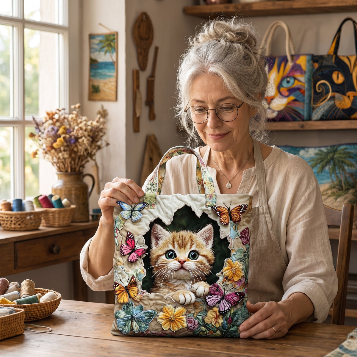 Butterfly Cat Quilted Tote Bag — handcrafted