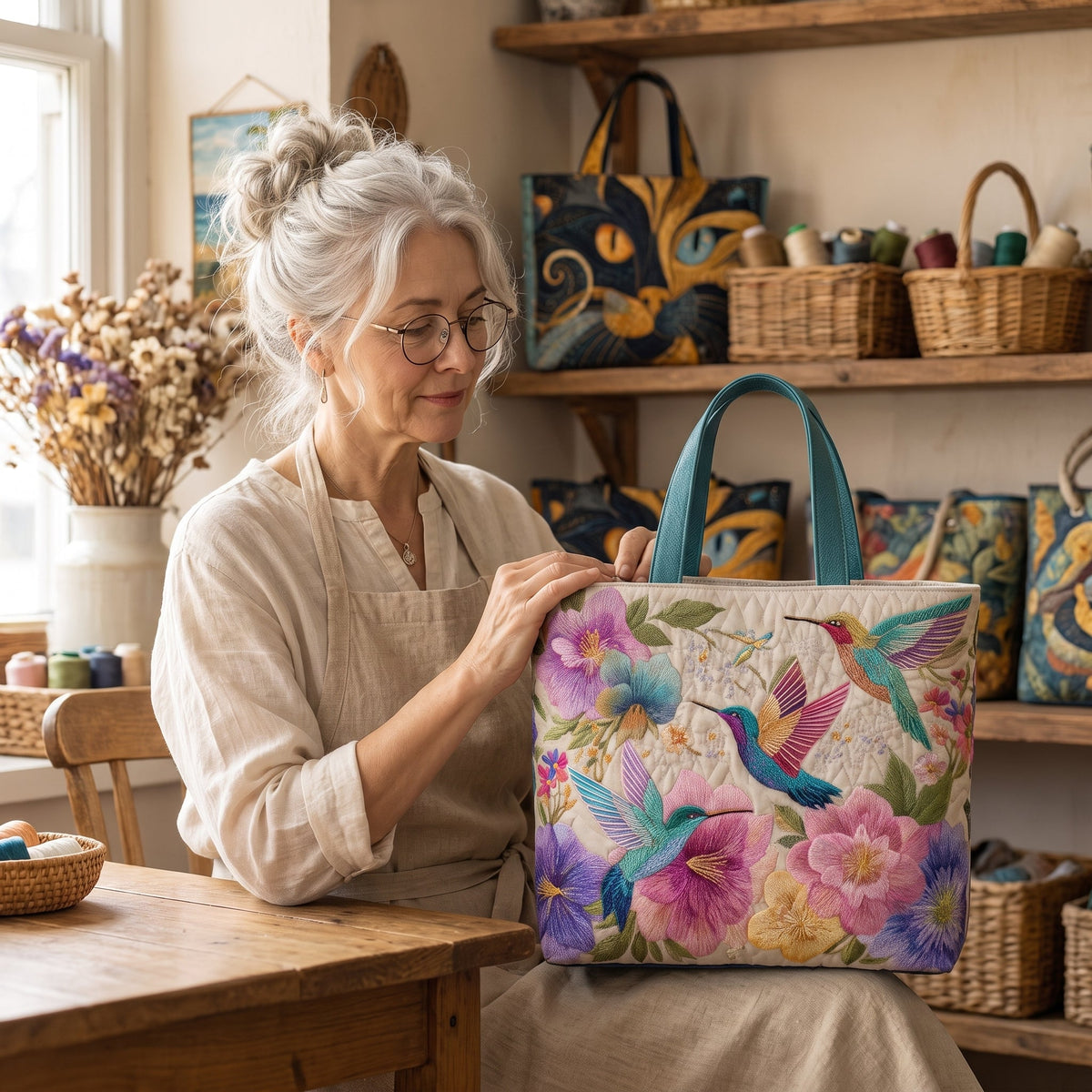 Hummingbird Garden Bloom Quilted Tote Bag — handcrafted