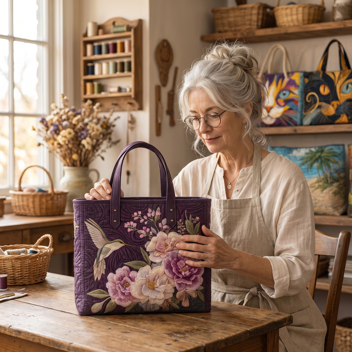 Artisanal Quilted Bag - Hummingbirds and Orchids — handcrafted