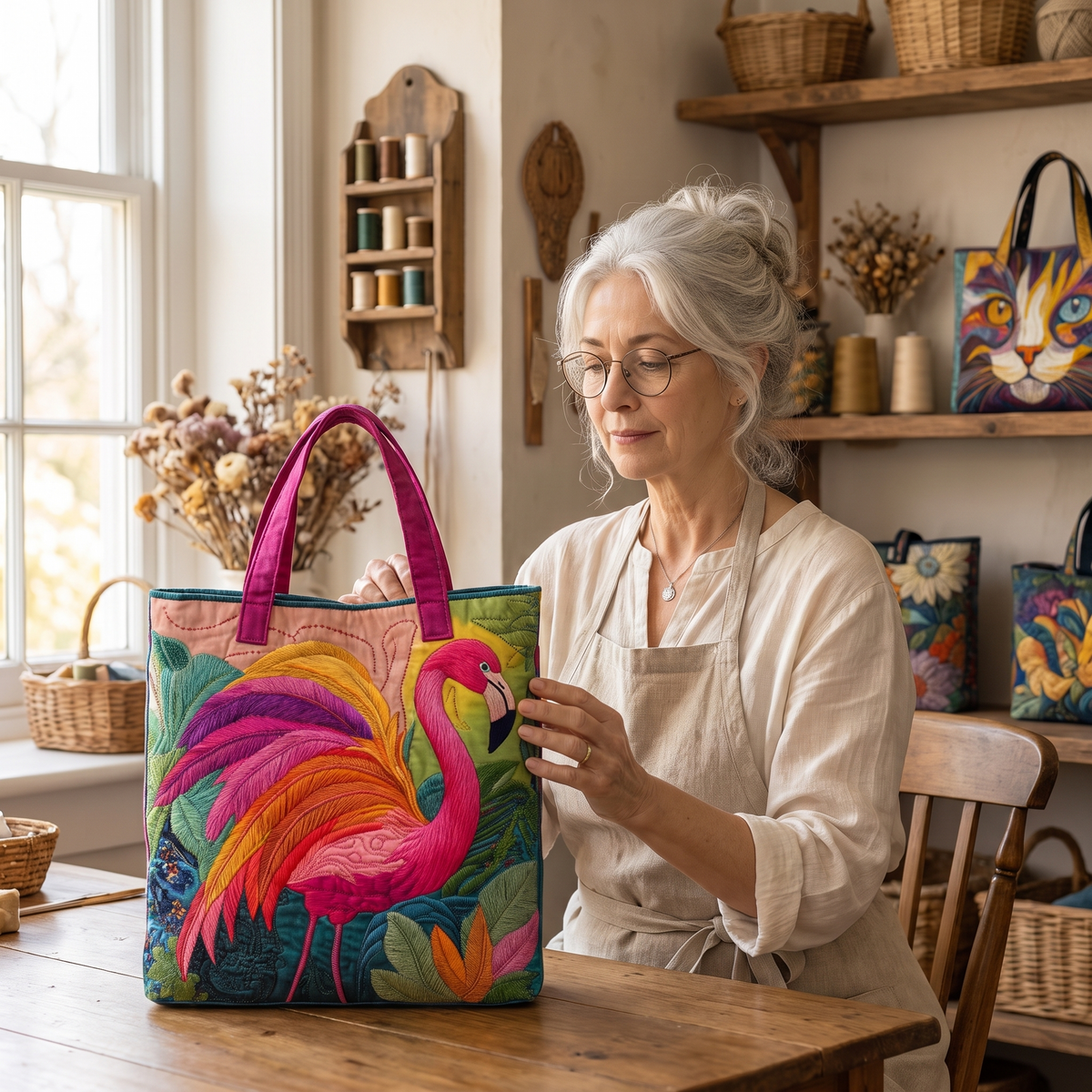 Quilted Tote Bag - Rainbow Flamingo — handcrafted