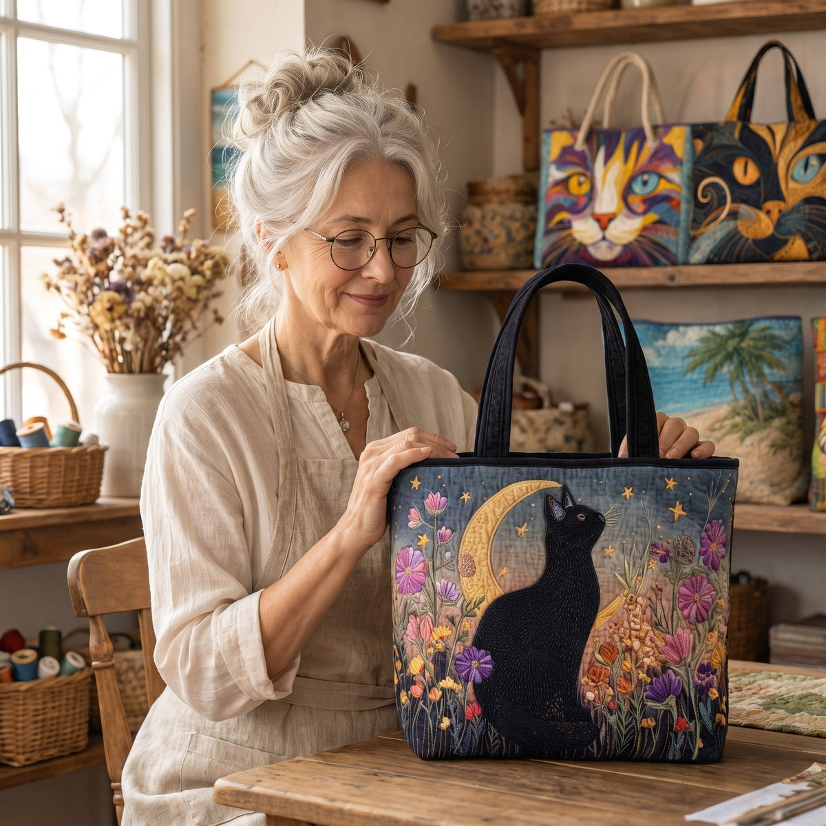 Blossom Night Cat Quilted Tote Bag — handcrafted