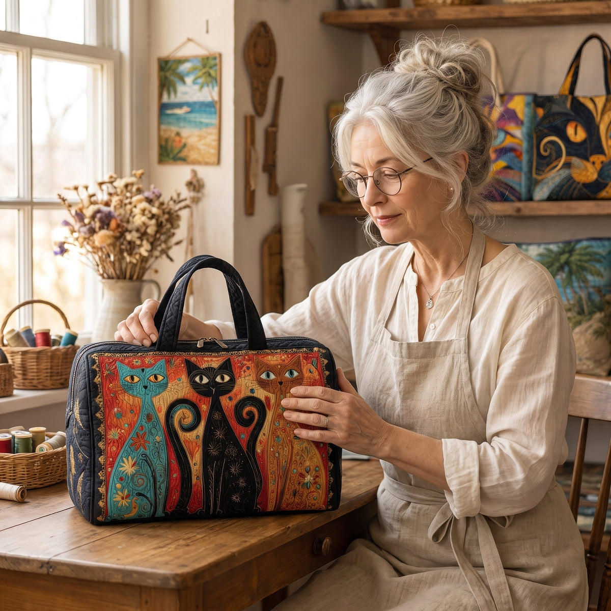 Enchanted Cats Trio Quilted Duffle Bag — handcrafted