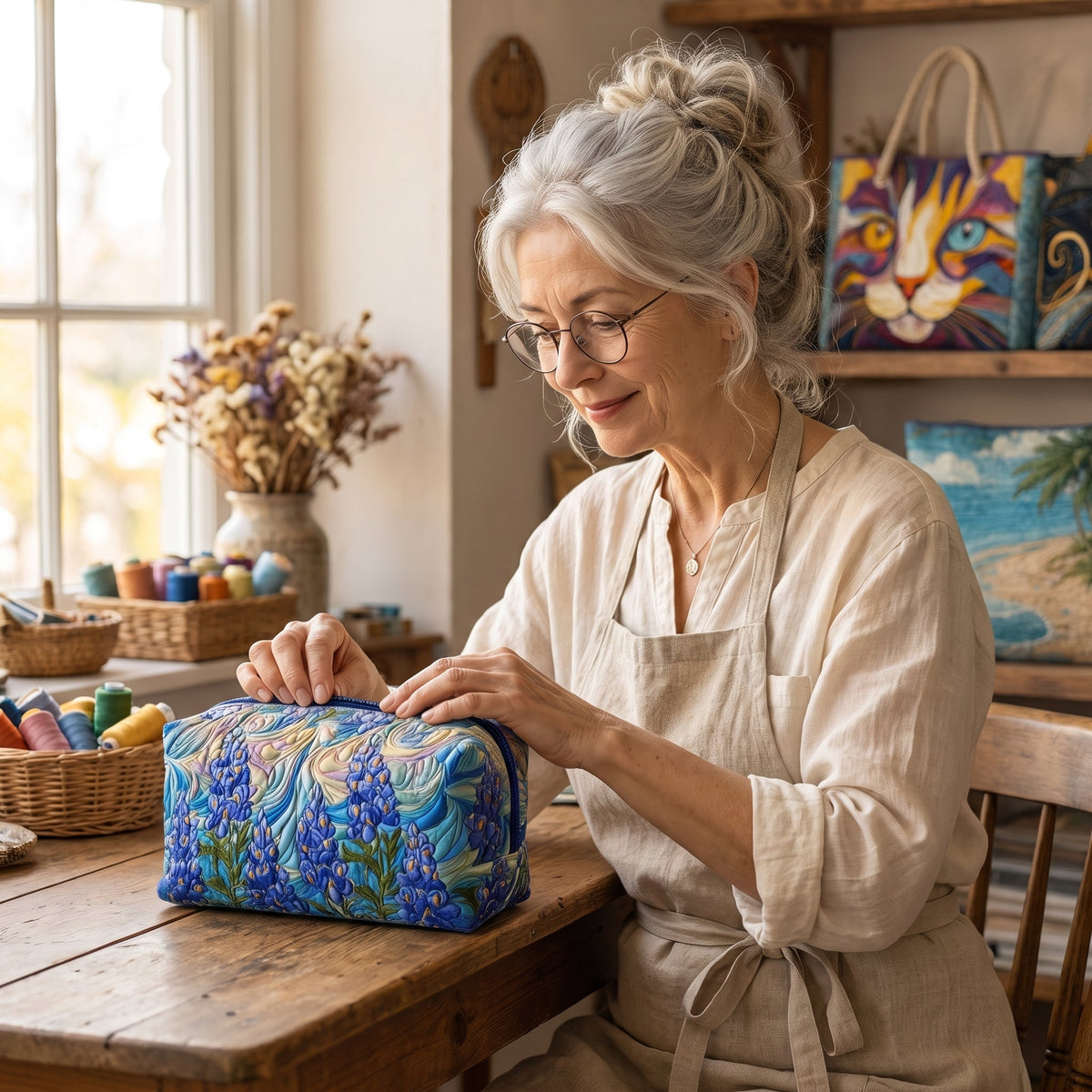 Floral Swirl Quilted Makeup Bag — handcrafted